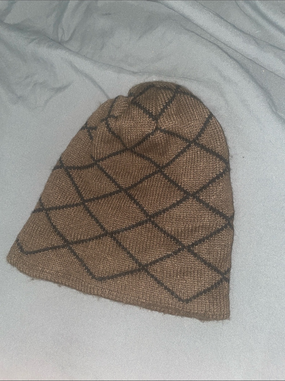 Classic Brown Knit Beanie with Black Diamond Grid